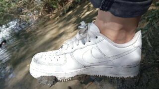 jon arteen plays in the mud with his new sneakers nike air force one af1 sockless boy foot fetish gay porn video this twink tr