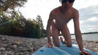 slender nudist boy does yoga nude on a naturist beach naked yoga video by jon arteen gay porn model skinny naturist twink prac