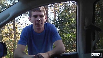 Blue T-shirt Twink Sucking Cock In The Car
